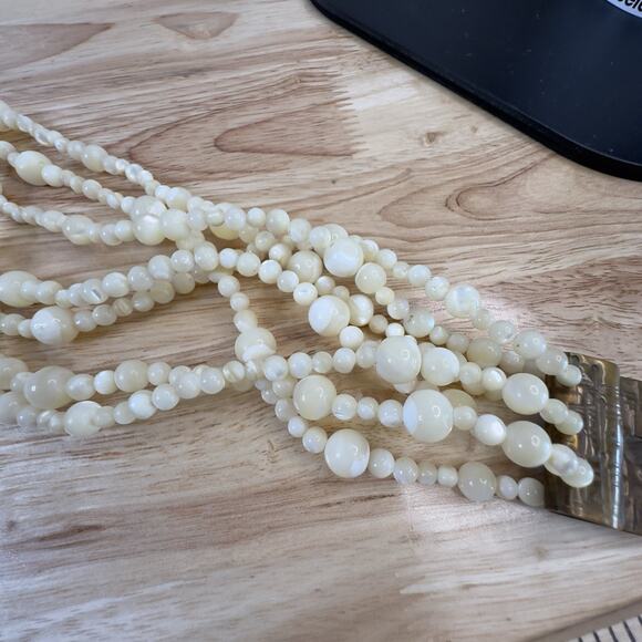 VTG Artisan Necklace Charlene Biesele Mother of Pearl Bead & Repousse Brass 20" - Picture 10 of 14